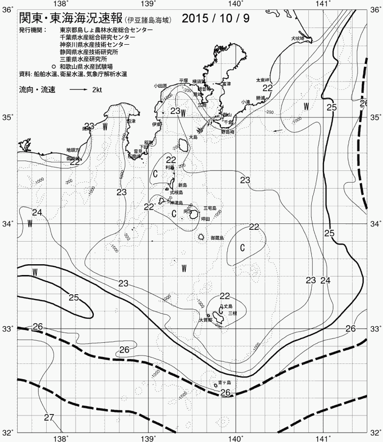 海況図, 関東・東海海況速報/伊豆諸島海域 検索結果, (黒潮, 水温分布, 冷水域, 暖水波及 等を図示)