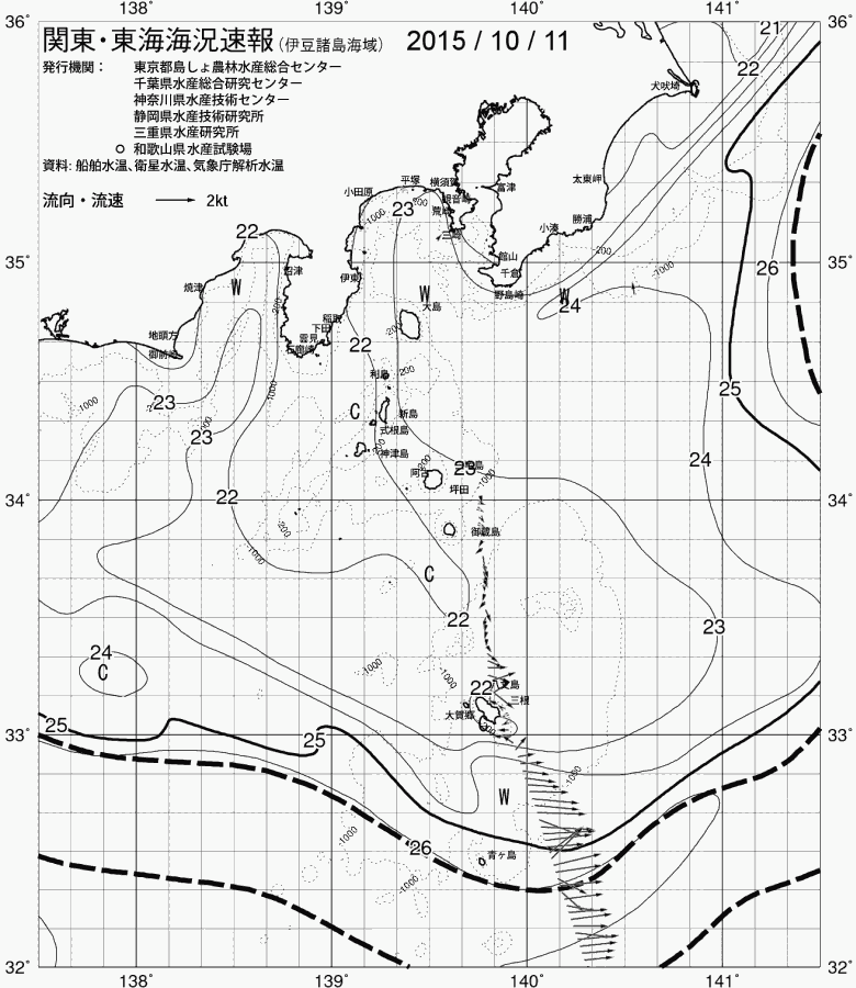 海況図, 関東・東海海況速報/伊豆諸島海域 検索結果, (黒潮, 水温分布, 冷水域, 暖水波及 等を図示)