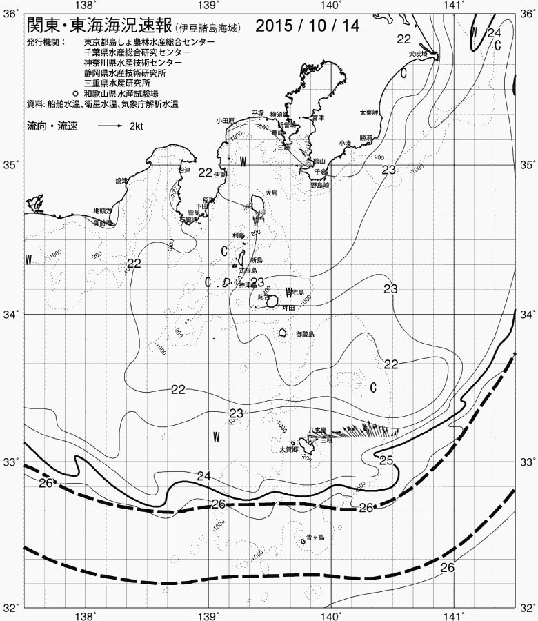 海況図, 関東・東海海況速報/伊豆諸島海域 検索結果, (黒潮, 水温分布, 冷水域, 暖水波及 等を図示)