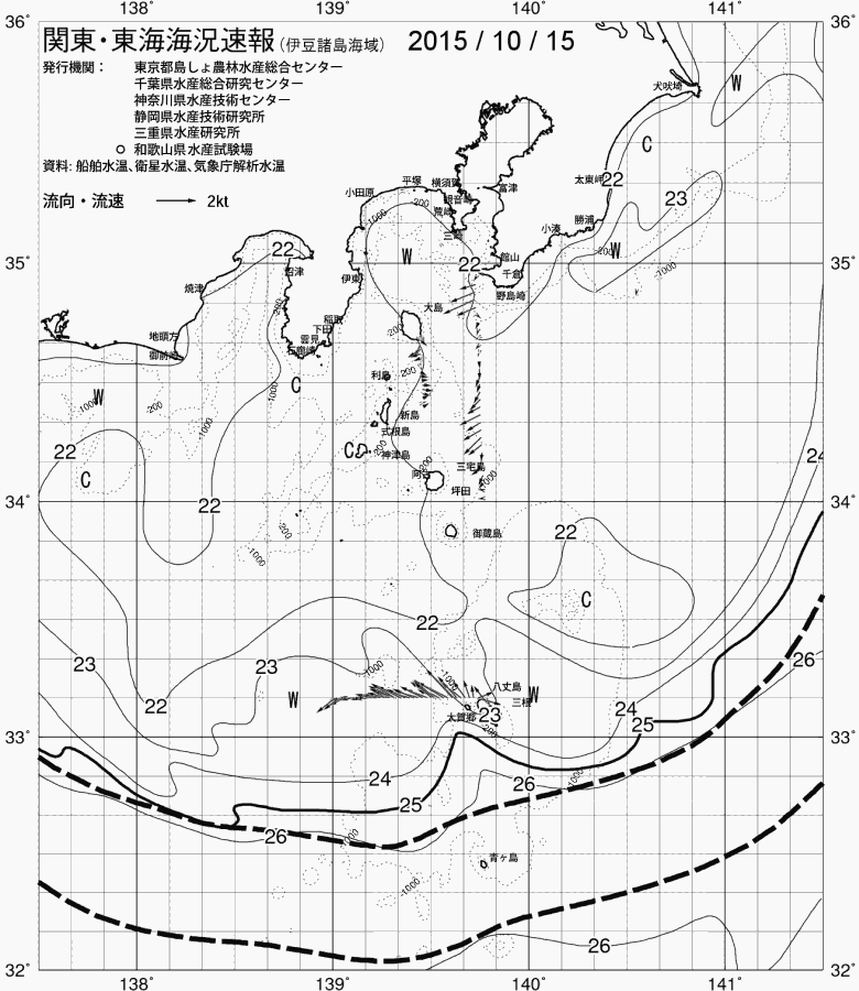 海況図, 関東・東海海況速報/伊豆諸島海域 検索結果, (黒潮, 水温分布, 冷水域, 暖水波及 等を図示)