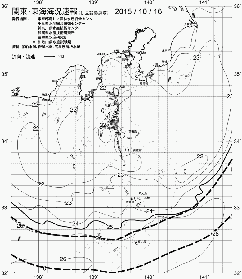 海況図, 関東・東海海況速報/伊豆諸島海域 検索結果, (黒潮, 水温分布, 冷水域, 暖水波及 等を図示)