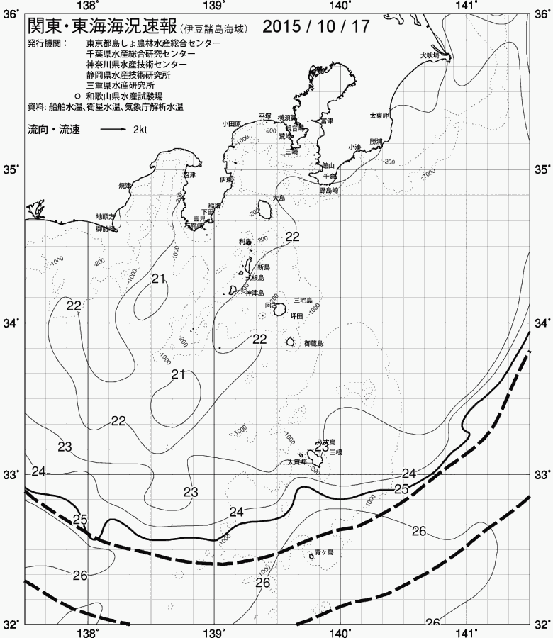 海況図, 関東・東海海況速報/伊豆諸島海域 検索結果, (黒潮, 水温分布, 冷水域, 暖水波及 等を図示)