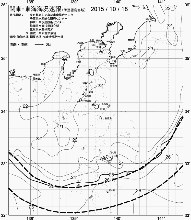 海況図, 関東・東海海況速報/伊豆諸島海域 検索結果, (黒潮, 水温分布, 冷水域, 暖水波及 等を図示)