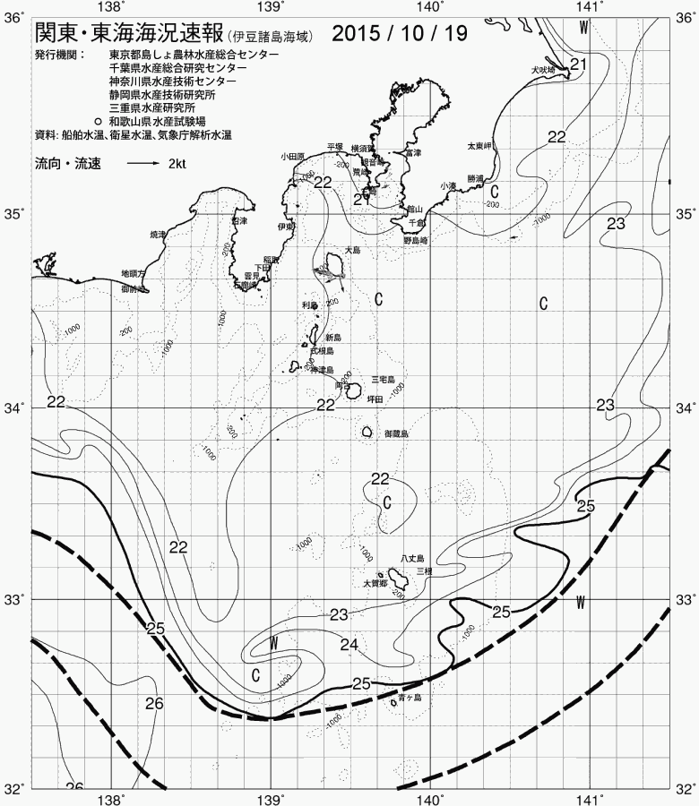 海況図, 関東・東海海況速報/伊豆諸島海域 検索結果, (黒潮, 水温分布, 冷水域, 暖水波及 等を図示)