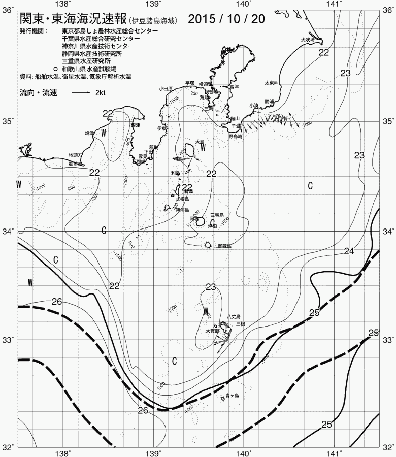 海況図, 関東・東海海況速報/伊豆諸島海域 検索結果, (黒潮, 水温分布, 冷水域, 暖水波及 等を図示)