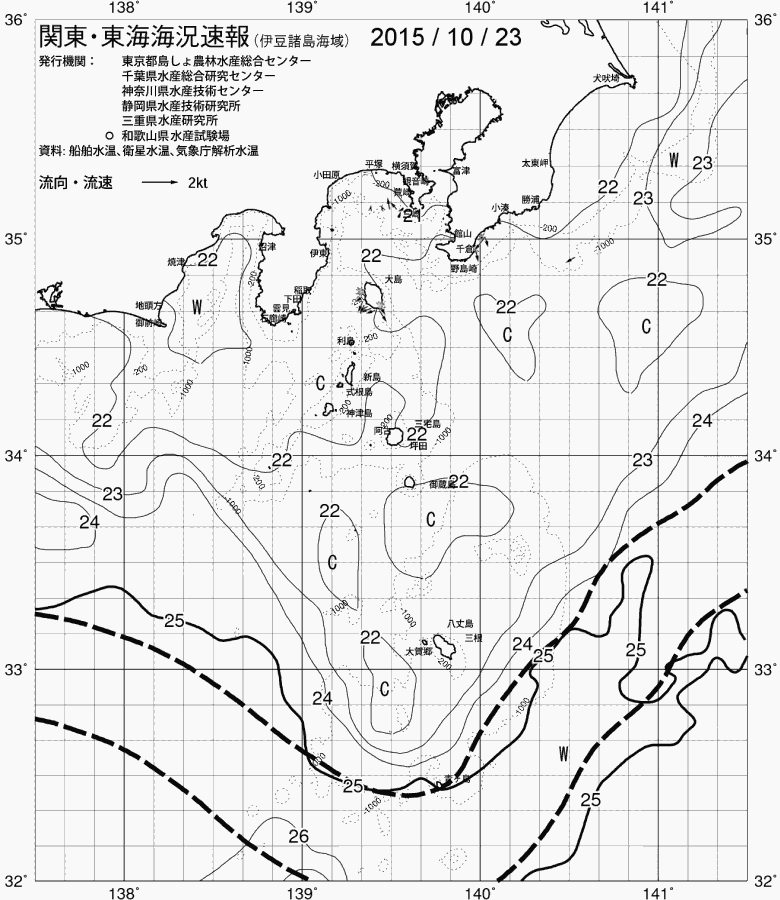 海況図, 関東・東海海況速報/伊豆諸島海域 検索結果, (黒潮, 水温分布, 冷水域, 暖水波及 等を図示)