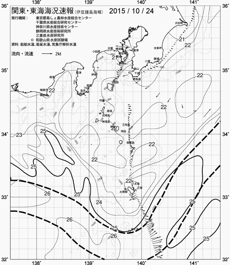 海況図, 関東・東海海況速報/伊豆諸島海域 検索結果, (黒潮, 水温分布, 冷水域, 暖水波及 等を図示)