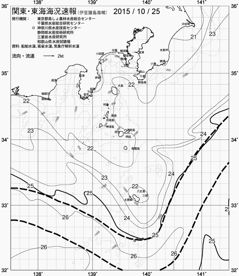 海況図, 関東・東海海況速報/伊豆諸島海域 検索結果, (黒潮, 水温分布, 冷水域, 暖水波及 等を図示)