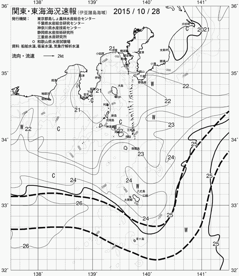 海況図, 関東・東海海況速報/伊豆諸島海域 検索結果, (黒潮, 水温分布, 冷水域, 暖水波及 等を図示)