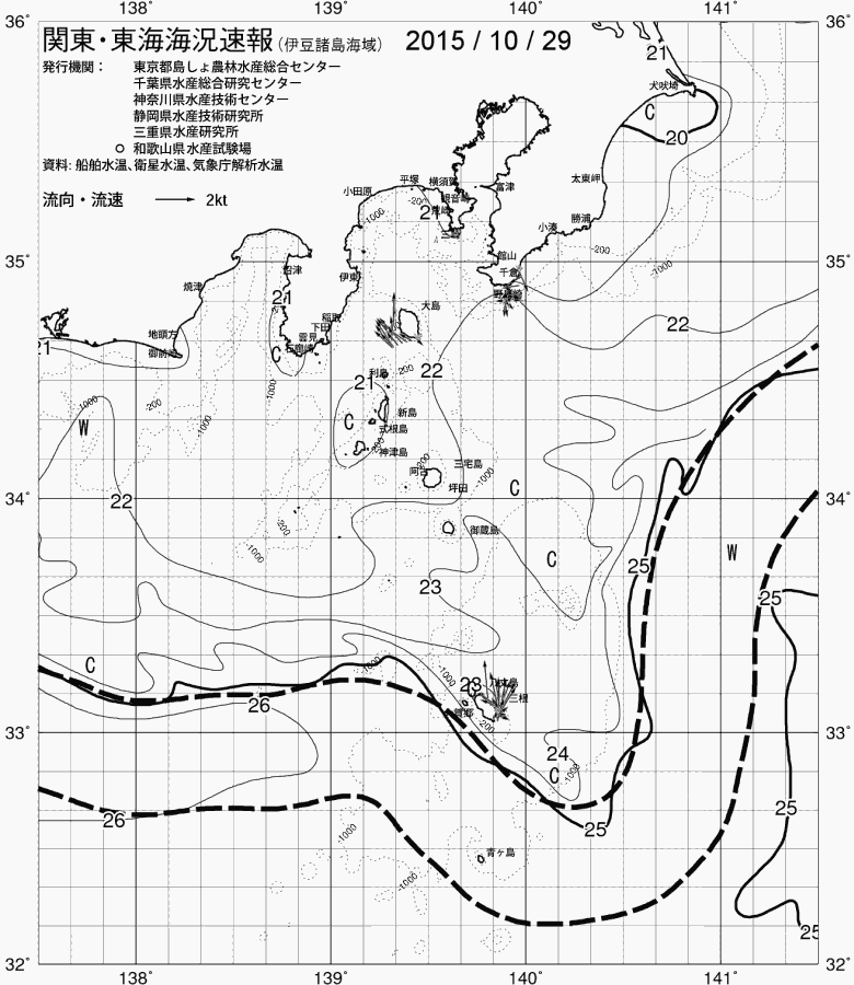 海況図, 関東・東海海況速報/伊豆諸島海域 検索結果, (黒潮, 水温分布, 冷水域, 暖水波及 等を図示)