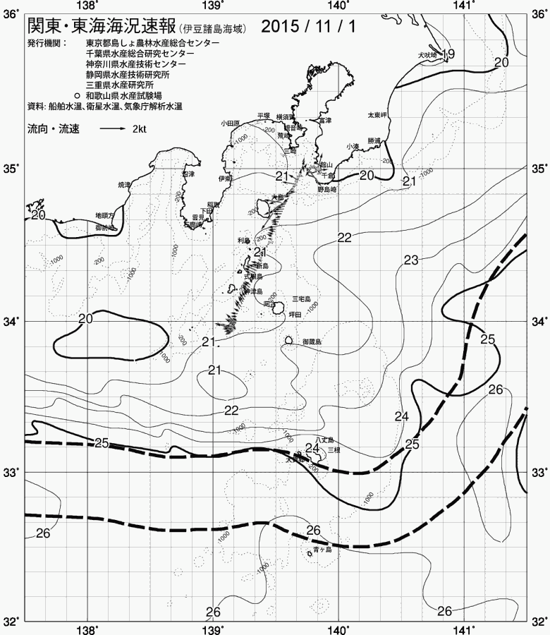 海況図, 関東・東海海況速報/伊豆諸島海域 検索結果, (黒潮, 水温分布, 冷水域, 暖水波及 等を図示)