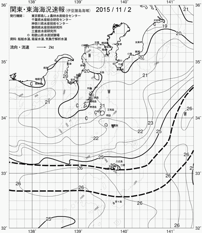 海況図, 関東・東海海況速報/伊豆諸島海域 検索結果, (黒潮, 水温分布, 冷水域, 暖水波及 等を図示)