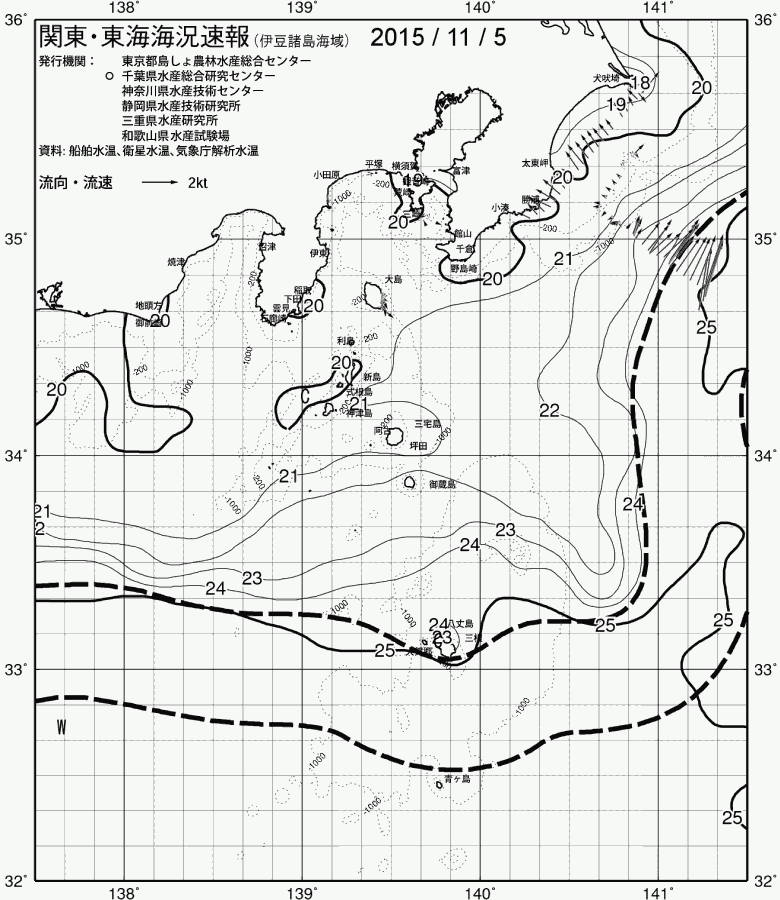 海況図, 関東・東海海況速報/伊豆諸島海域 検索結果, (黒潮, 水温分布, 冷水域, 暖水波及 等を図示)