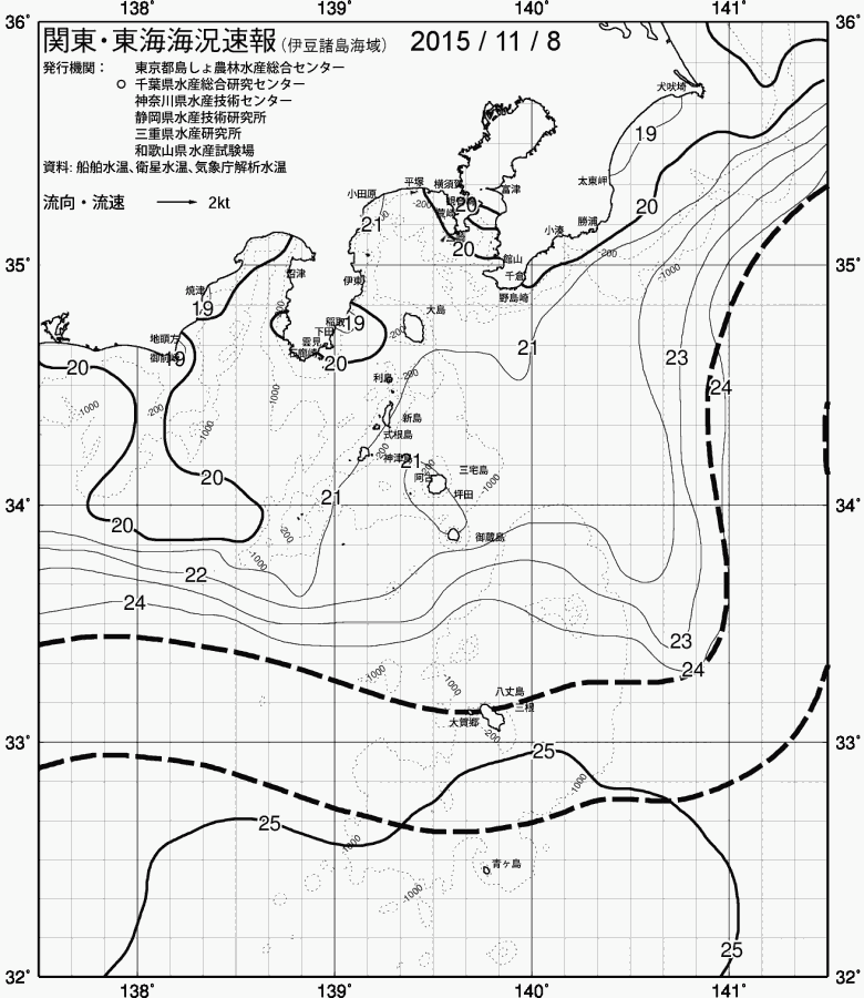 海況図, 関東・東海海況速報/伊豆諸島海域 検索結果, (黒潮, 水温分布, 冷水域, 暖水波及 等を図示)