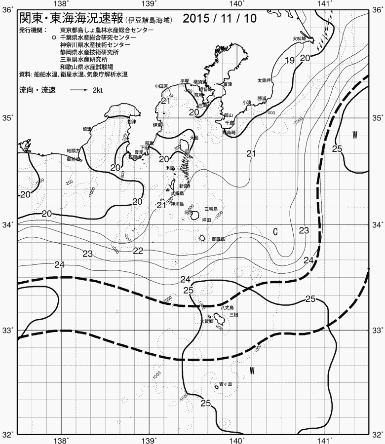 海況図, 関東・東海海況速報/伊豆諸島海域 検索結果, (黒潮, 水温分布, 冷水域, 暖水波及 等を図示)