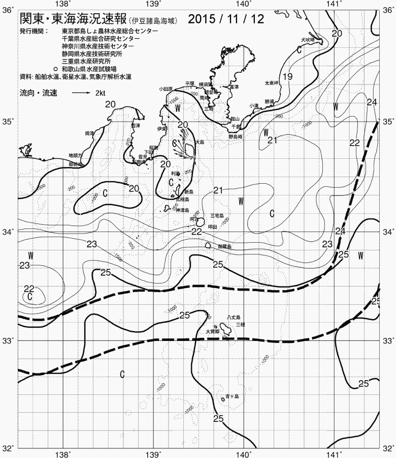 海況図, 関東・東海海況速報/伊豆諸島海域 検索結果, (黒潮, 水温分布, 冷水域, 暖水波及 等を図示)