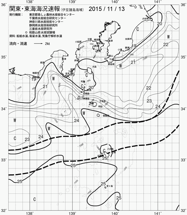 海況図, 関東・東海海況速報/伊豆諸島海域 検索結果, (黒潮, 水温分布, 冷水域, 暖水波及 等を図示)