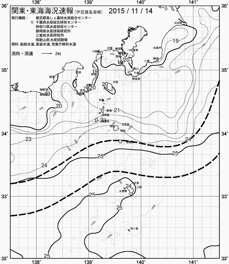 海況図, 関東・東海海況速報/伊豆諸島海域 検索結果, (黒潮, 水温分布, 冷水域, 暖水波及 等を図示)