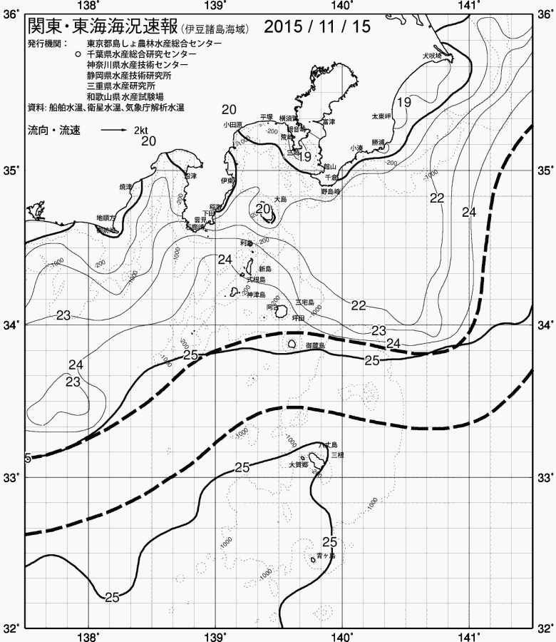 海況図, 関東・東海海況速報/伊豆諸島海域 検索結果, (黒潮, 水温分布, 冷水域, 暖水波及 等を図示)