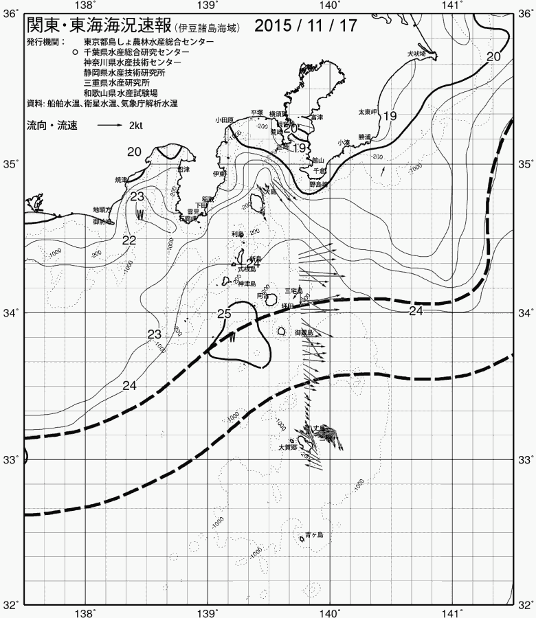 海況図, 関東・東海海況速報/伊豆諸島海域 検索結果, (黒潮, 水温分布, 冷水域, 暖水波及 等を図示)