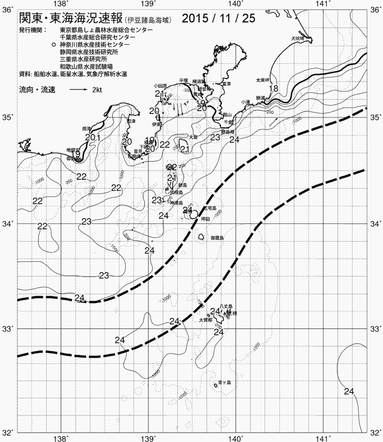 海況図, 関東・東海海況速報/伊豆諸島海域 検索結果, (黒潮, 水温分布, 冷水域, 暖水波及 等を図示)