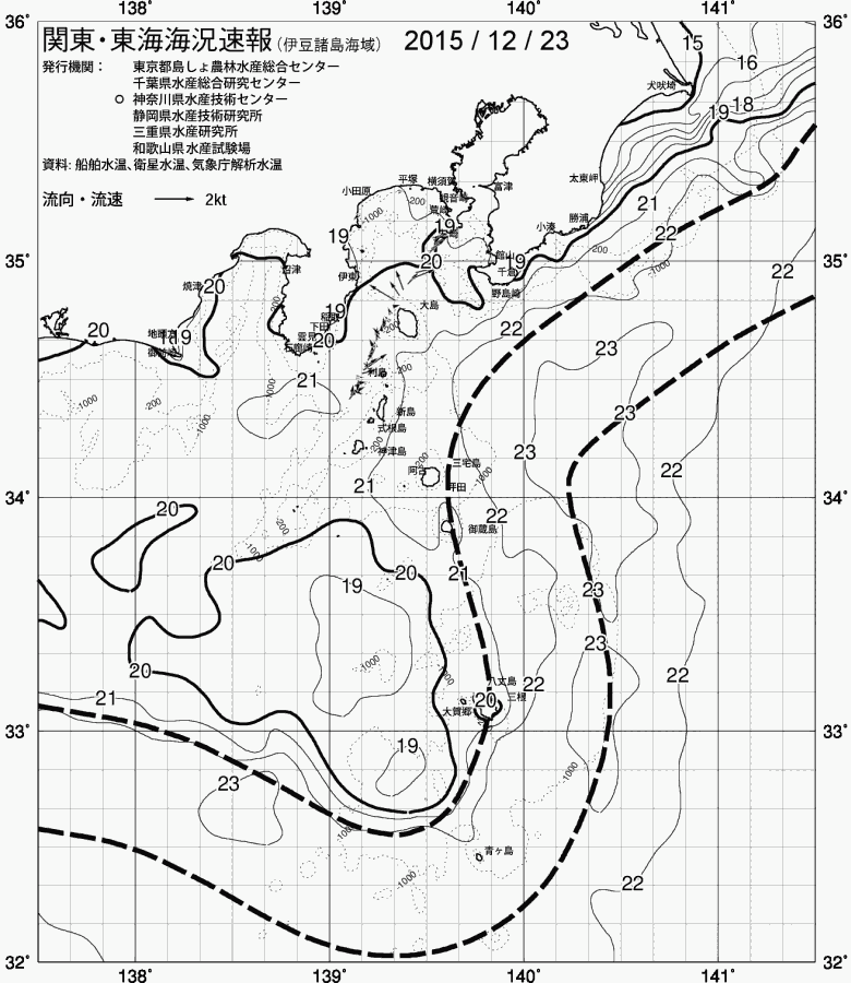 海況図, 関東・東海海況速報/伊豆諸島海域 検索結果, (黒潮, 水温分布, 冷水域, 暖水波及 等を図示)