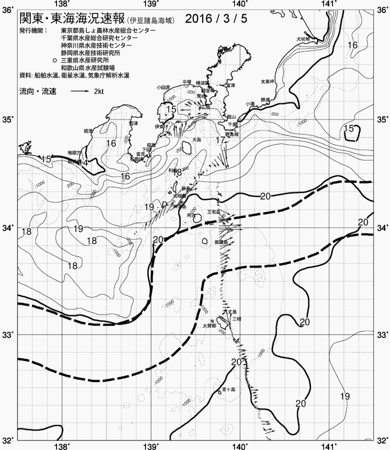 海況図, 関東・東海海況速報/伊豆諸島海域 検索結果, (黒潮, 水温分布, 冷水域, 暖水波及 等を図示)