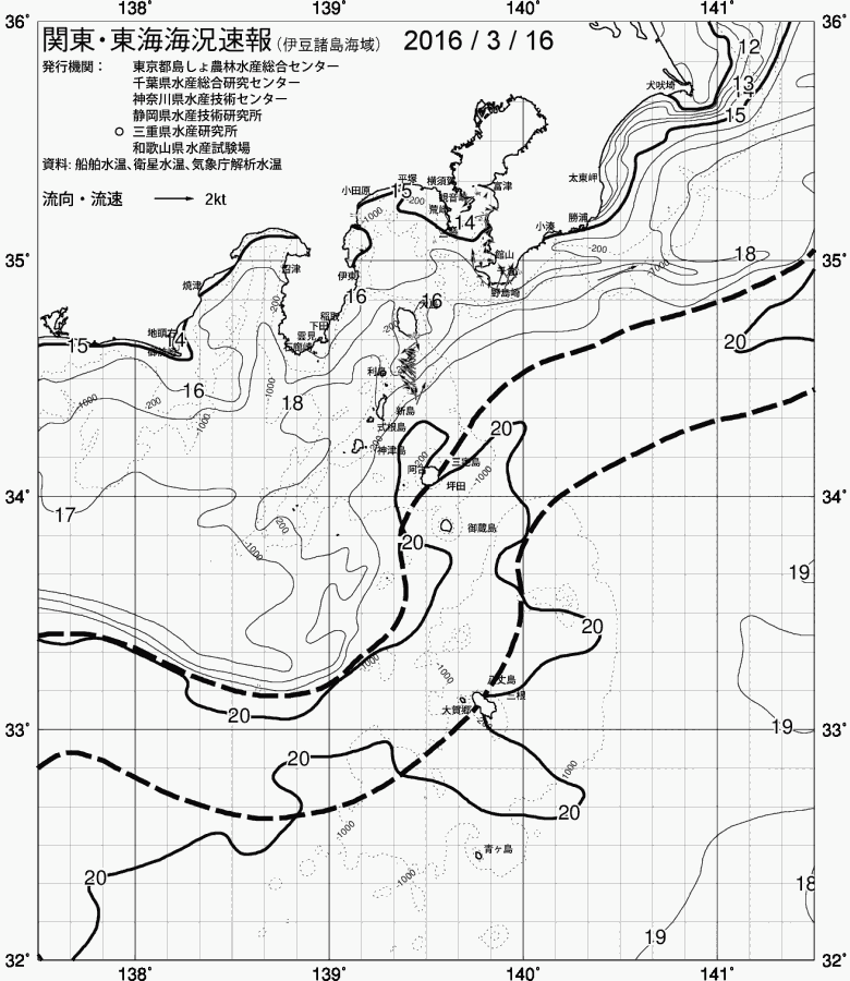 海況図, 関東・東海海況速報/伊豆諸島海域 検索結果, (黒潮, 水温分布, 冷水域, 暖水波及 等を図示)