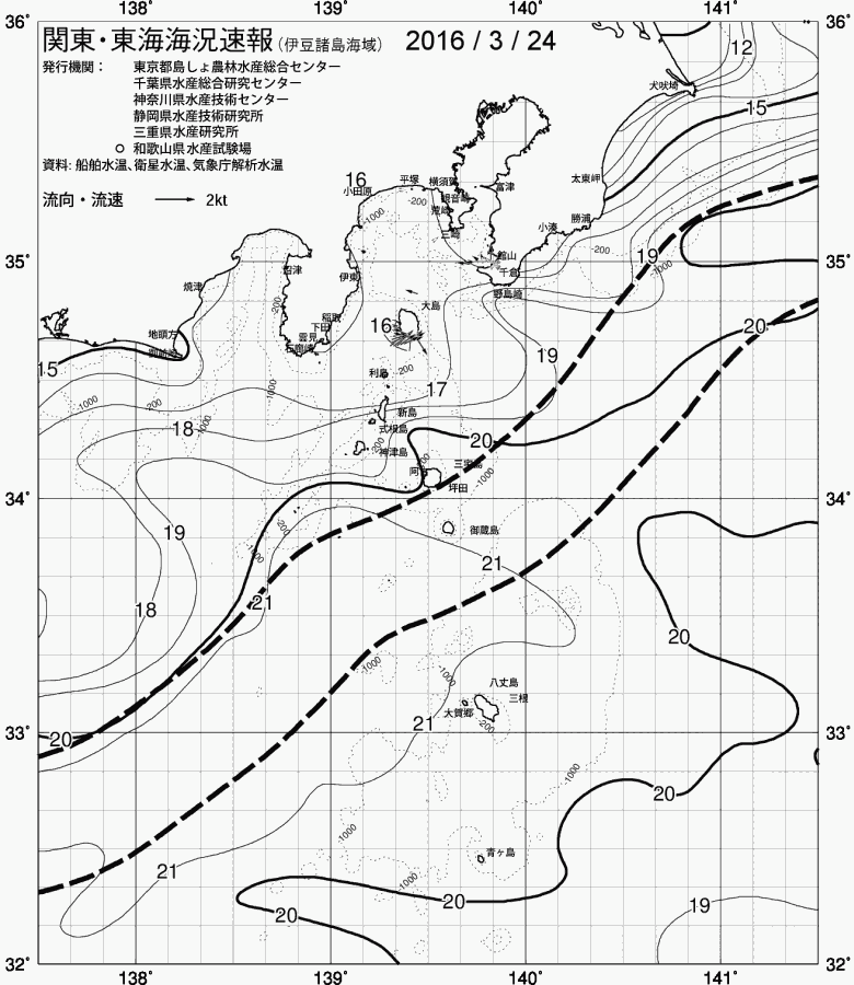 海況図, 関東・東海海況速報/伊豆諸島海域 検索結果, (黒潮, 水温分布, 冷水域, 暖水波及 等を図示)