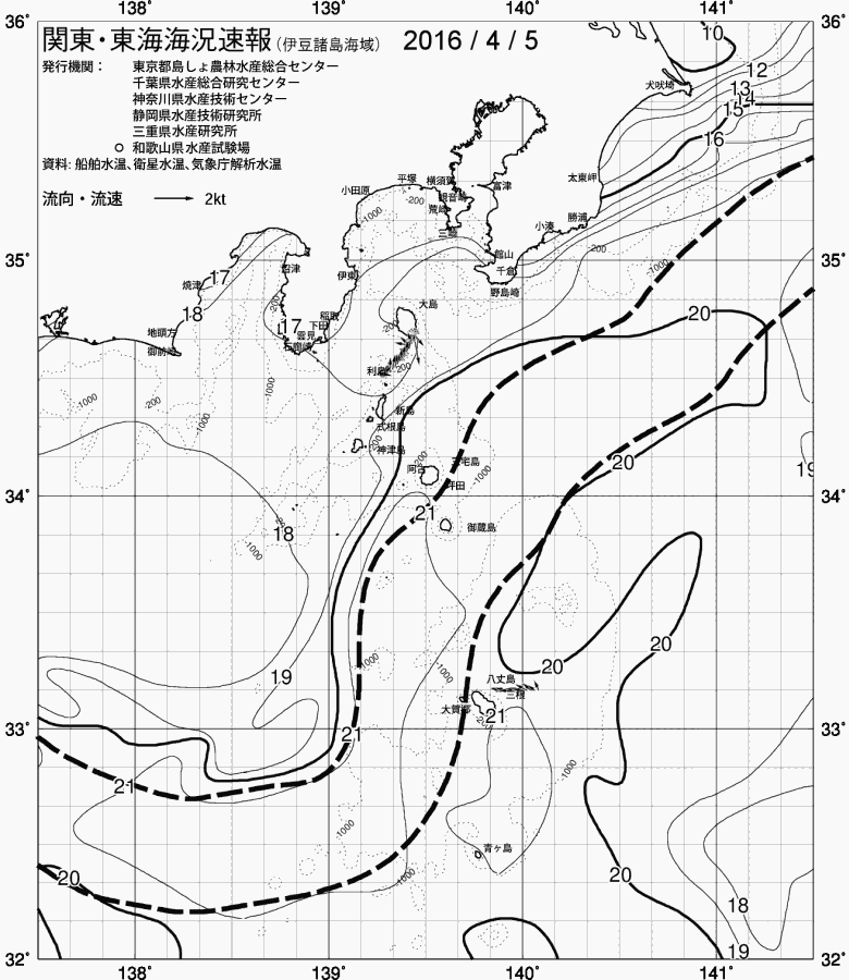 海況図, 関東・東海海況速報/伊豆諸島海域 検索結果, (黒潮, 水温分布, 冷水域, 暖水波及 等を図示)
