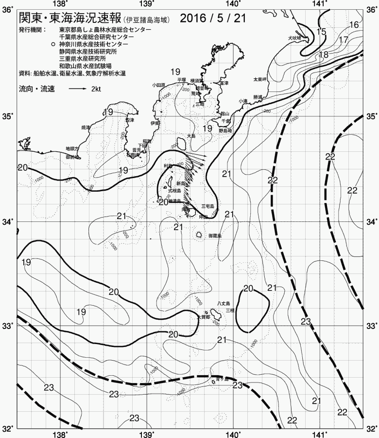 海況図, 関東・東海海況速報/伊豆諸島海域 検索結果, (黒潮, 水温分布, 冷水域, 暖水波及 等を図示)