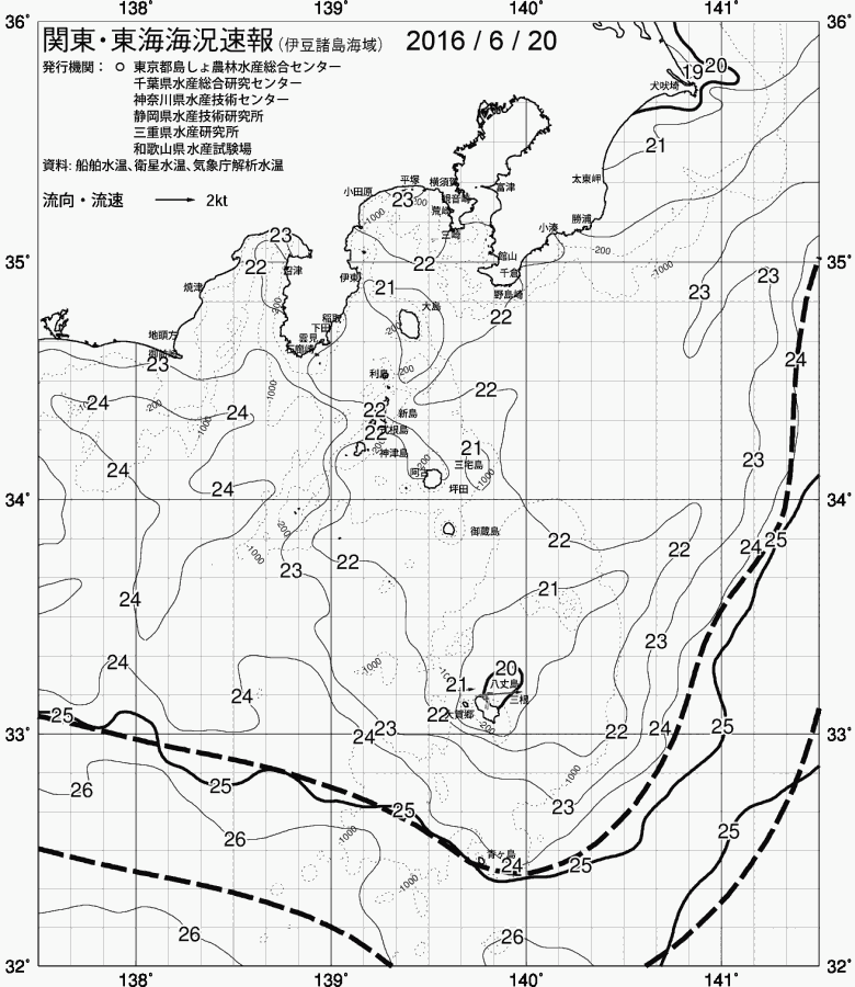 海況図, 関東・東海海況速報/伊豆諸島海域 検索結果, (黒潮, 水温分布, 冷水域, 暖水波及 等を図示)