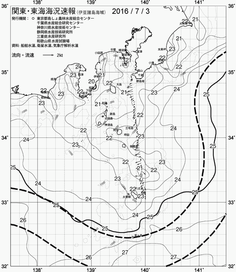 海況図, 関東・東海海況速報/伊豆諸島海域 検索結果, (黒潮, 水温分布, 冷水域, 暖水波及 等を図示)