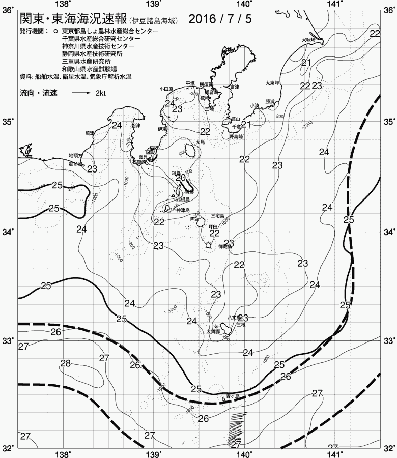 海況図, 関東・東海海況速報/伊豆諸島海域 検索結果, (黒潮, 水温分布, 冷水域, 暖水波及 等を図示)