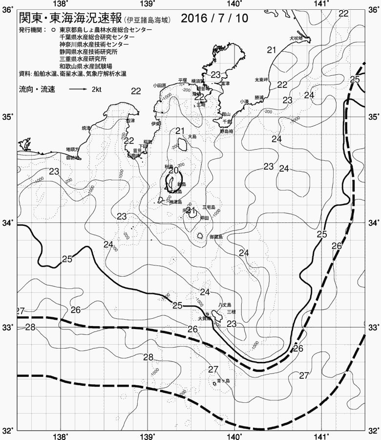 海況図, 関東・東海海況速報/伊豆諸島海域 検索結果, (黒潮, 水温分布, 冷水域, 暖水波及 等を図示)