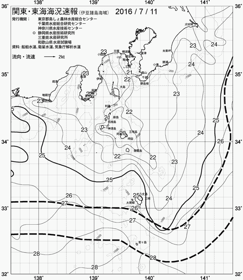 海況図, 関東・東海海況速報/伊豆諸島海域 検索結果, (黒潮, 水温分布, 冷水域, 暖水波及 等を図示)