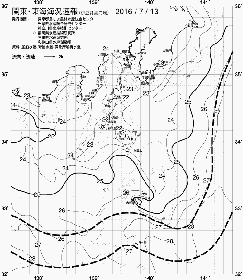 海況図, 関東・東海海況速報/伊豆諸島海域 検索結果, (黒潮, 水温分布, 冷水域, 暖水波及 等を図示)