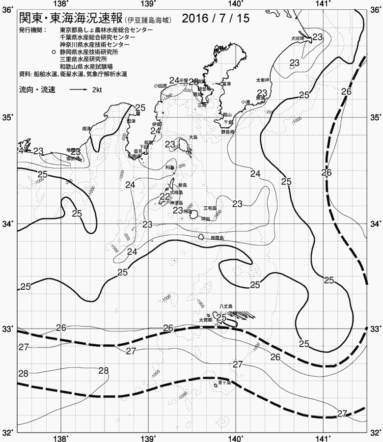 海況図, 関東・東海海況速報/伊豆諸島海域 検索結果, (黒潮, 水温分布, 冷水域, 暖水波及 等を図示)