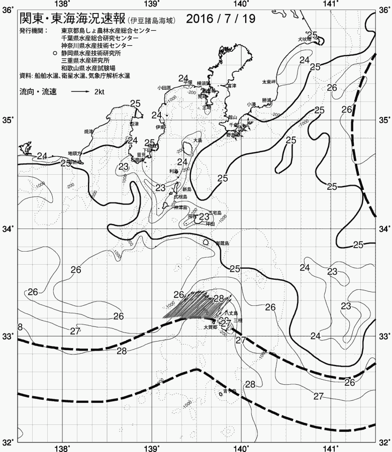 海況図, 関東・東海海況速報/伊豆諸島海域 検索結果, (黒潮, 水温分布, 冷水域, 暖水波及 等を図示)