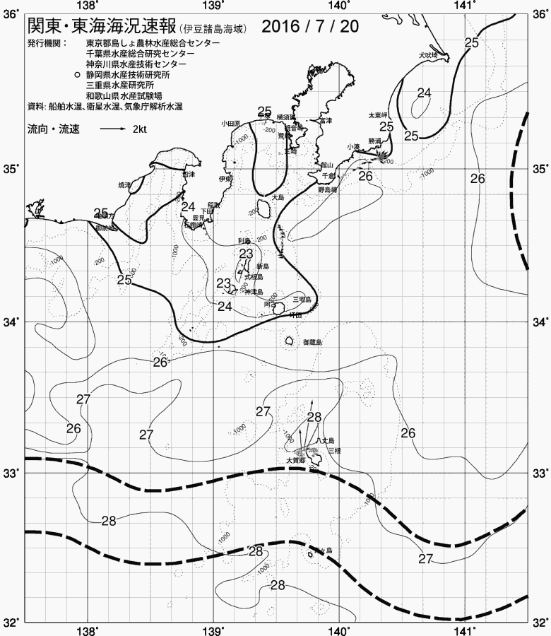 海況図, 関東・東海海況速報/伊豆諸島海域 検索結果, (黒潮, 水温分布, 冷水域, 暖水波及 等を図示)