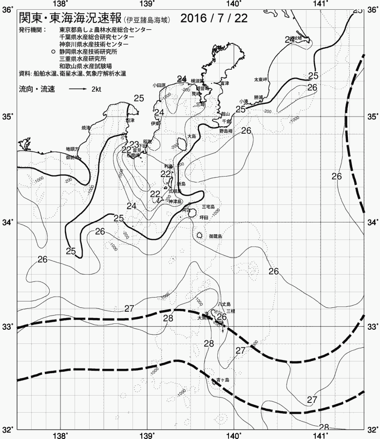 海況図, 関東・東海海況速報/伊豆諸島海域 検索結果, (黒潮, 水温分布, 冷水域, 暖水波及 等を図示)