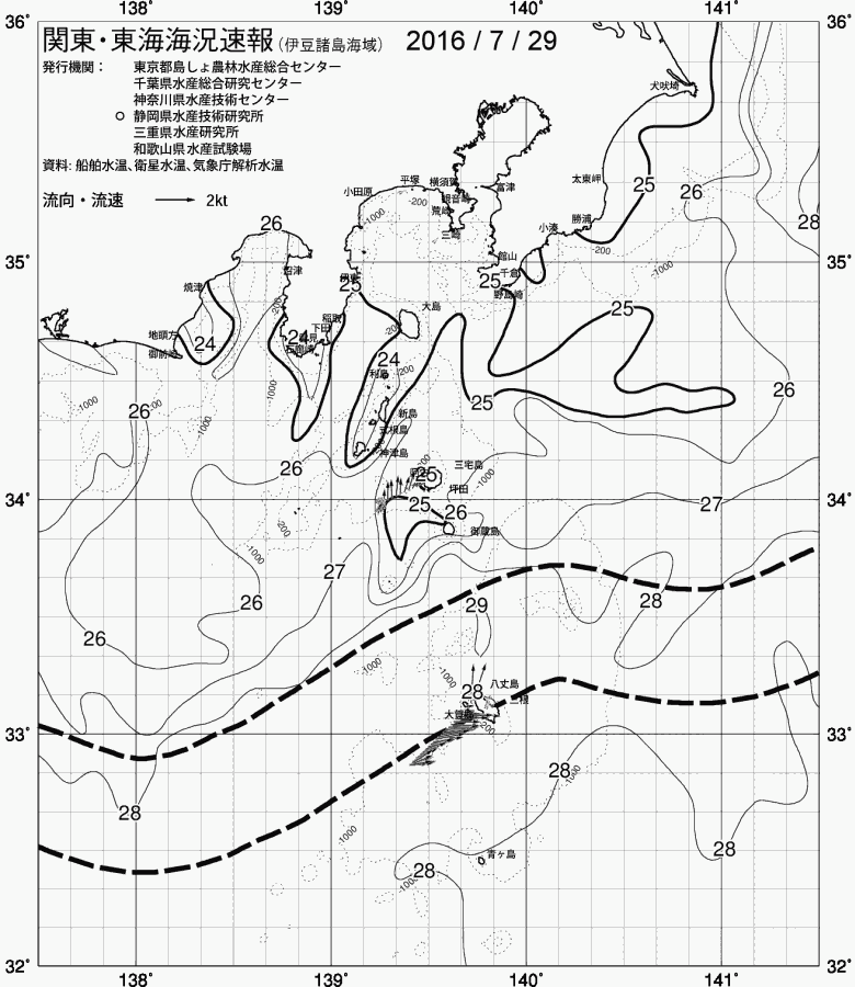 海況図, 関東・東海海況速報/伊豆諸島海域 検索結果, (黒潮, 水温分布, 冷水域, 暖水波及 等を図示)