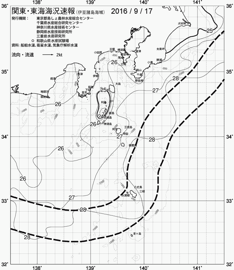 海況図, 関東・東海海況速報/伊豆諸島海域 検索結果, (黒潮, 水温分布, 冷水域, 暖水波及 等を図示)