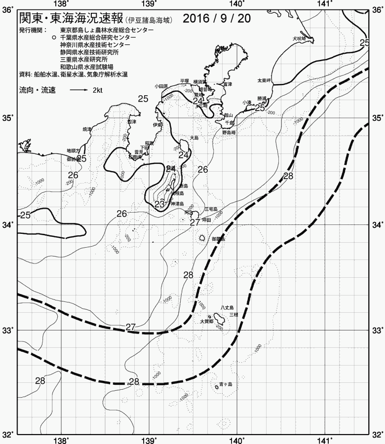 海況図, 関東・東海海況速報/伊豆諸島海域 検索結果, (黒潮, 水温分布, 冷水域, 暖水波及 等を図示)