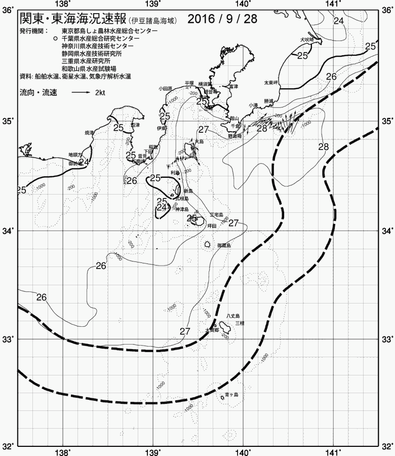 海況図, 関東・東海海況速報/伊豆諸島海域 検索結果, (黒潮, 水温分布, 冷水域, 暖水波及 等を図示)