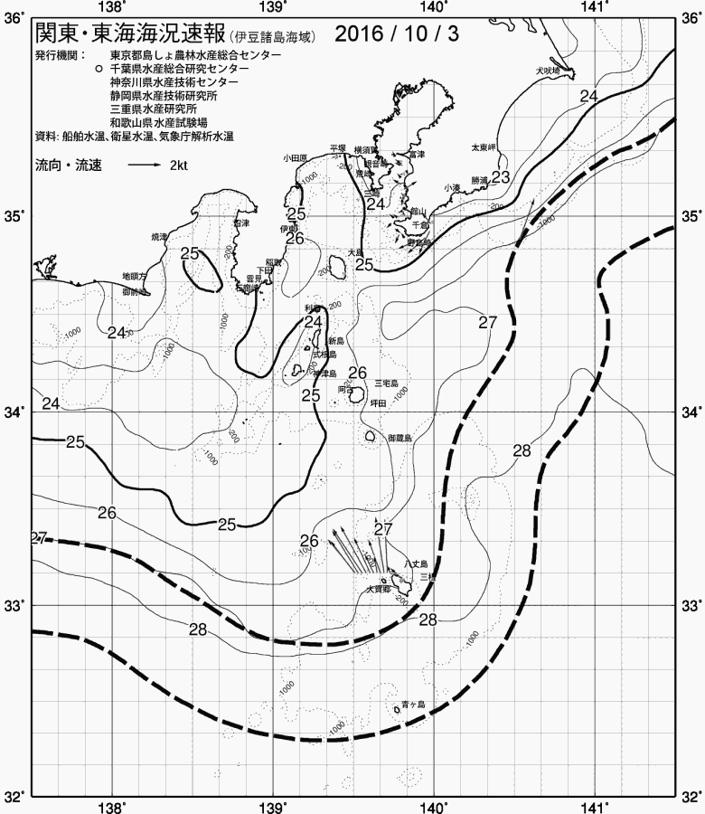 海況図, 関東・東海海況速報/伊豆諸島海域 検索結果, (黒潮, 水温分布, 冷水域, 暖水波及 等を図示)