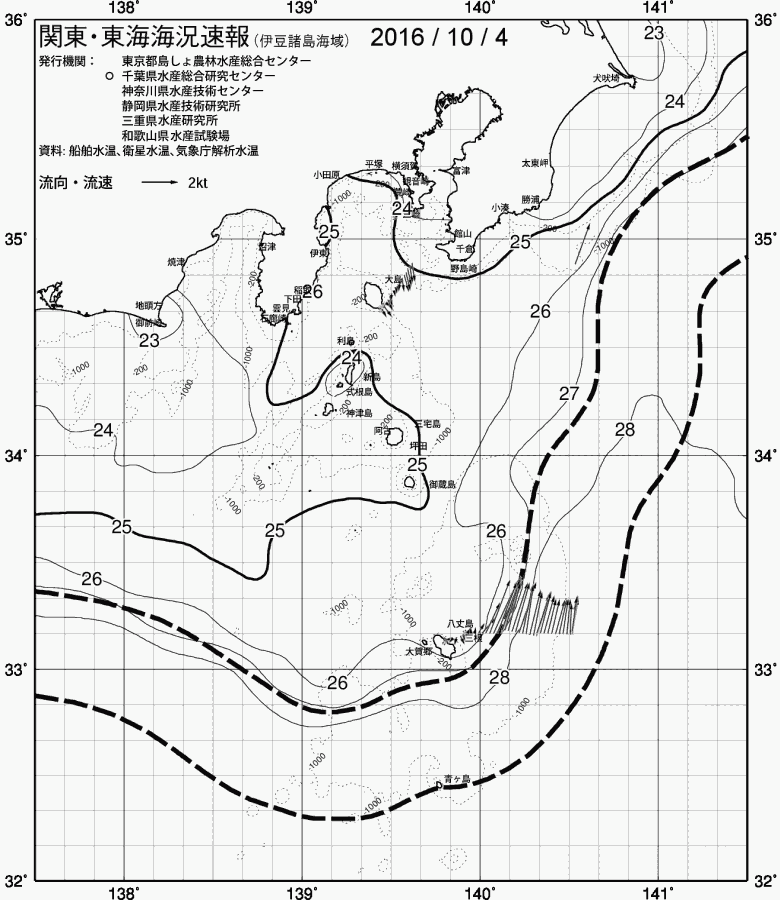 海況図, 関東・東海海況速報/伊豆諸島海域 検索結果, (黒潮, 水温分布, 冷水域, 暖水波及 等を図示)