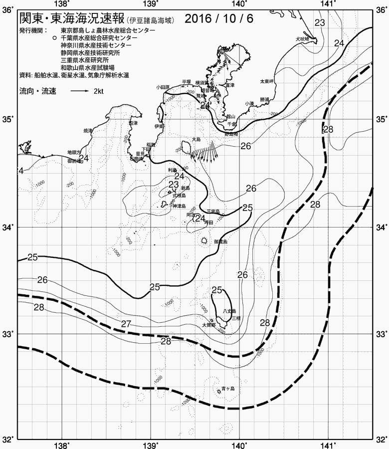 海況図, 関東・東海海況速報/伊豆諸島海域 検索結果, (黒潮, 水温分布, 冷水域, 暖水波及 等を図示)