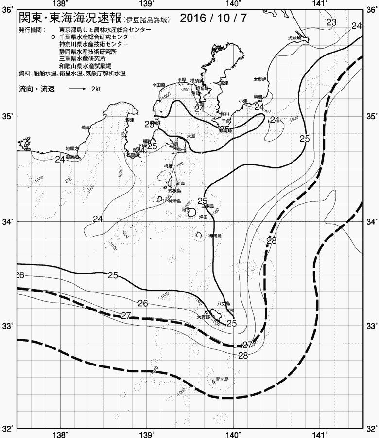 海況図, 関東・東海海況速報/伊豆諸島海域 検索結果, (黒潮, 水温分布, 冷水域, 暖水波及 等を図示)
