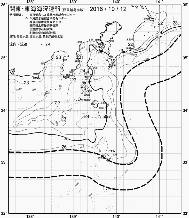 海況図, 関東・東海海況速報/伊豆諸島海域 検索結果, (黒潮, 水温分布, 冷水域, 暖水波及 等を図示)